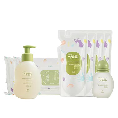 

Kit Mamãe e Bebê Sabonete Líquido, Colônia e Lenços Umedecidos